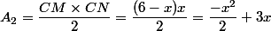 A_2 = \dfrac{CM \times CN}{2} = \dfrac{(6-x)x}{2} = \dfrac{-x^2}{2}+3x
